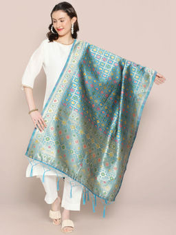 Dupatta Bazaar - Womens Turquoise Blue Banarasi Silk Dupatta Checkered Design