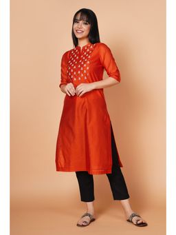 Barara Ethnic - Tangerine Yoke Embroidered Silk Kurta