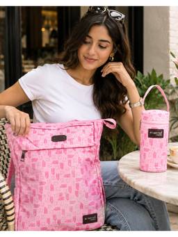 Hamster London - Women Pink Printed Pu Backpack with Bottle Bag