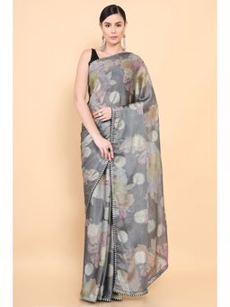 Soch - Women Grey Chiffon Floral Saree with Unstitched Blouse