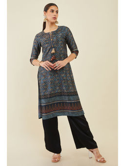 Soch - Women Blue Satin Printed Kurta With Tassels And Gota Patti