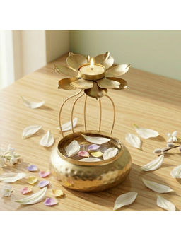 eCraftIndia - Golden Lotus Urli with Tea Light Holder for Home Decor Gift