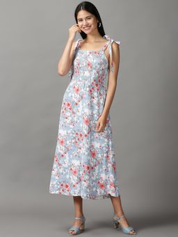 SHOWOFF - Womens Square Neck Midi Blue Printed Dress