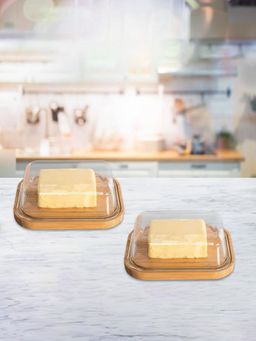 The Better Home - Borosilicate Glass Wooden Lid Butter Dish (Light Brown)