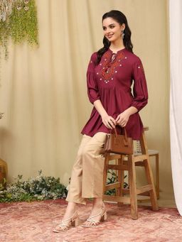 Nayam by lakshita - Maroon Viscose Rayon Embroidered Top