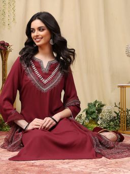 Nayam by lakshita - Maroon Embroidered Straight Rayon Kurta & Pant with Dupatta (Set of 3)