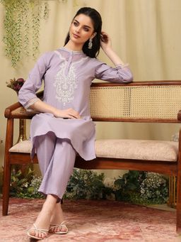 Nayam by lakshita - Lavender Embroidered Straight Cotton Kurta and Pant (Set of 2)