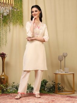 Nayam by lakshita - Off White Embroidered Cotton Straight Kurta and Pant (Set of 2)