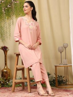 Nayam by lakshita - Pink Embroidered Cotton Straight Kurta and Pant (Set of 2)