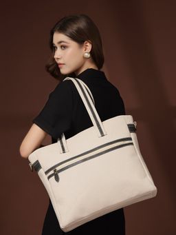 Anekaant - Timber And Thread Off White Cotton Solid Tote Bag with Detachable Strap