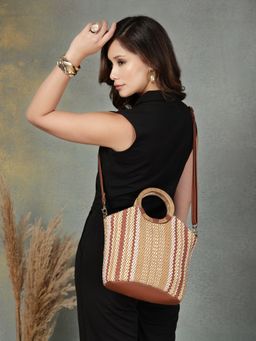 Anekaant - Earth Knots Tan Jute Striped Handheld Bag with Detachable Strap