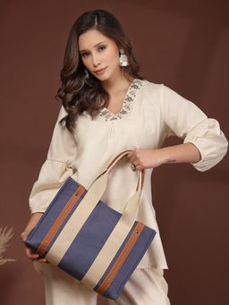Anekaant - Sutra Soil Navy Blue Canvas Colorblocked Handheld Bag