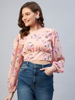 Carlton London - Women Casual Peach Floral Blouson Top