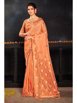 Sangam Prints - Peach Silk Woven Zari Work Traditional Tassel Saree with Unstitched Blouse