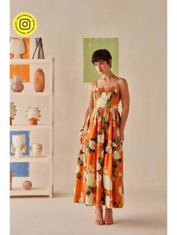 Sage By Mala - Orange Floral Printed Dahlia Dress