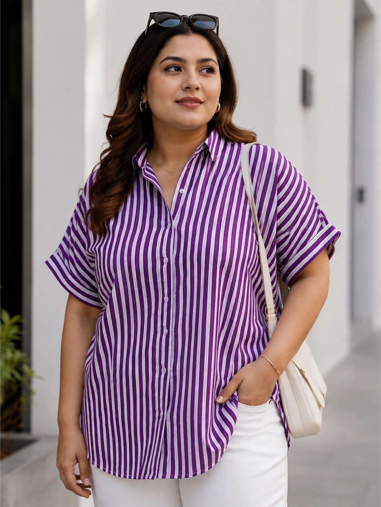 qurvii Purple Cotton Stripe Drop Shoulder Shirt-picture-27