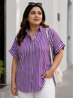 Qurvii - Purple Cotton Stripe Drop Shoulder Shirt