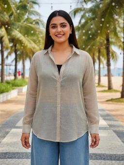 Qurvii - Beige Cotton Regular Shirt