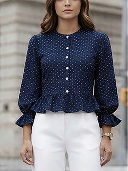 Style Quotient - Women Printed Polyester Polka Dot Navy and White Shirt