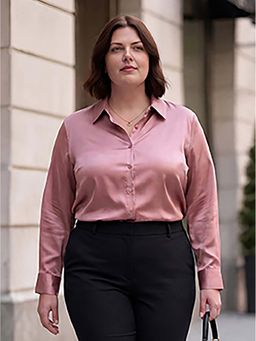 Style Quotient - Plus Women Solid Rose Satin Formal Shirt
