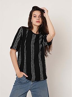 BLNK - Black Vertical Stripe Textured Casual T-Shirt