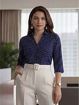 Style Quotient - Women Navy White Polka Dot Printed Formal Shirt
