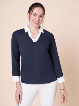 Style Quotient - Women Colorblocked Polyester Navy and White Top
