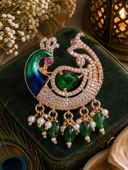 Estele - Rosegold Plated Green Cz Swan and Peacock Designer Brooch