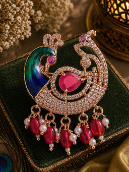 Estele - Rosegold Finish Ruby Cz Swan and Peacock Designer Brooch