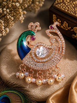 Estele - Rosegold Plated White Cz Swan and Peacock Designer Brooch Pin