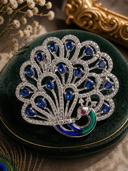Estele - Elegant Blue Cz Crystal Peacock Rhodium Brooch Pin
