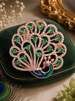 Estele - Crystal Accented Green Cz Peacock Rosegold Brooch Pin