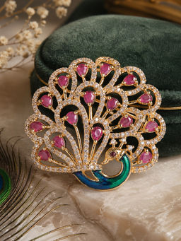 Estele - Designer Ruby Cz Statement Peacock Gold Plated Brooch Pin