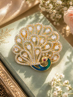 Estele - Classic Gold Finish White Cz Peacock Feather Brooch Pin