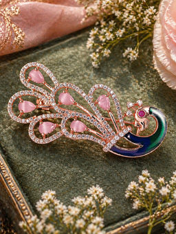 Estele - Mint Pink and White Cz Designer Peacock Rosegold Brooch Pin