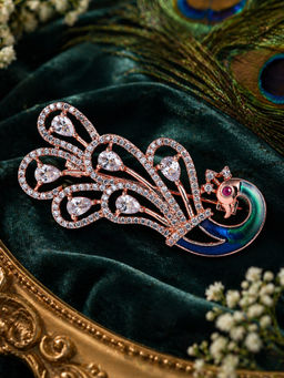 Estele - Crystal Accented White Cz Peacock Rosegold Plated Brooch Pin