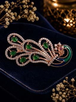 Estele - Emerald Green Cz Crystal Studded Peacock Brooch Pin