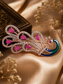 Estele - Rosegold Ruby Cz Statement Peacock Feather Brooch Pin