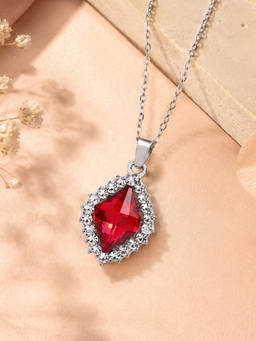 Estele - Rhodium Plated Red Stone Diamond Shape Pendant Chain