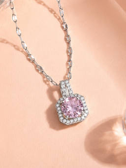Estele - Rhodium Finish Square Pink Crystal Pendant Chain