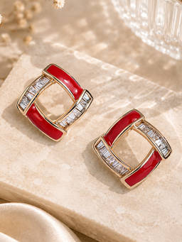 Estele - Gold Finish Red Enamel Stud Earrings