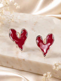 Estele - Gold Finish Heart Shape Red Enamel Stud Earrings