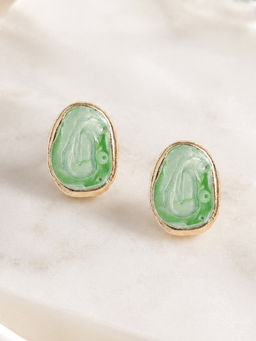 Estele - Gold Plated Green Enamel Oval Stud Earrings