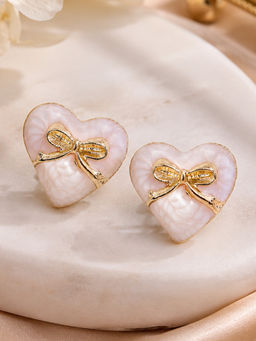 Estele - Gold-Toned White Enamel Heart Stud Earrings