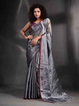 Arhi - Dark Grey Tissue Handwoven Soft Saree with Unstitched Blouse