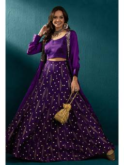 Gahan - Purple Chiffon Top with Printed Lehenga and Zari Sequence Embroidered Shrug