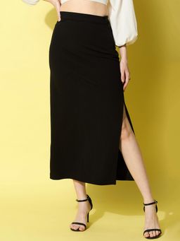 StyleStone - Women Black Polyester Side Slit Midi Skirt