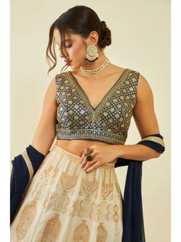 Soch - Navy Blue Tusshar Silk Embellished Stitched Blouse with Embroidered