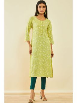 Soch - Green Rayon Foliage Floral Print Woven Work Kurta