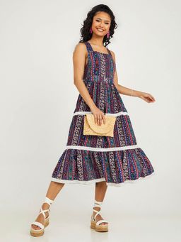 Styli - Multi-color Cross-back Detail Bohemian Print A-line Midi Dress